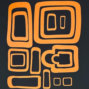 May include: A collection of orange, flat, rectangular and square-shaped frames or cutouts arranged on a solid black background. The shapes vary in size and thickness, featuring rounded corners and hollow centers, creating a nested, geometric pattern.