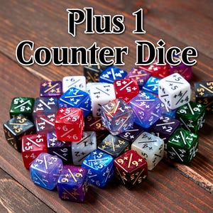 May include: A collection of colorful dice with numbers and plus signs, including red, blue, green, and purple. The dice are scattered on a wooden surface, with the text "Plus 1 Counter Dice" at the top.