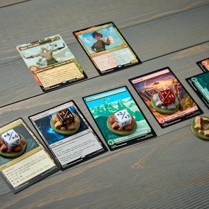 May include: Several Magic: The Gathering trading cards are displayed on a wooden surface. Each card has a unique illustration and text. Dice and tokens are placed on some cards, enhancing the game play.