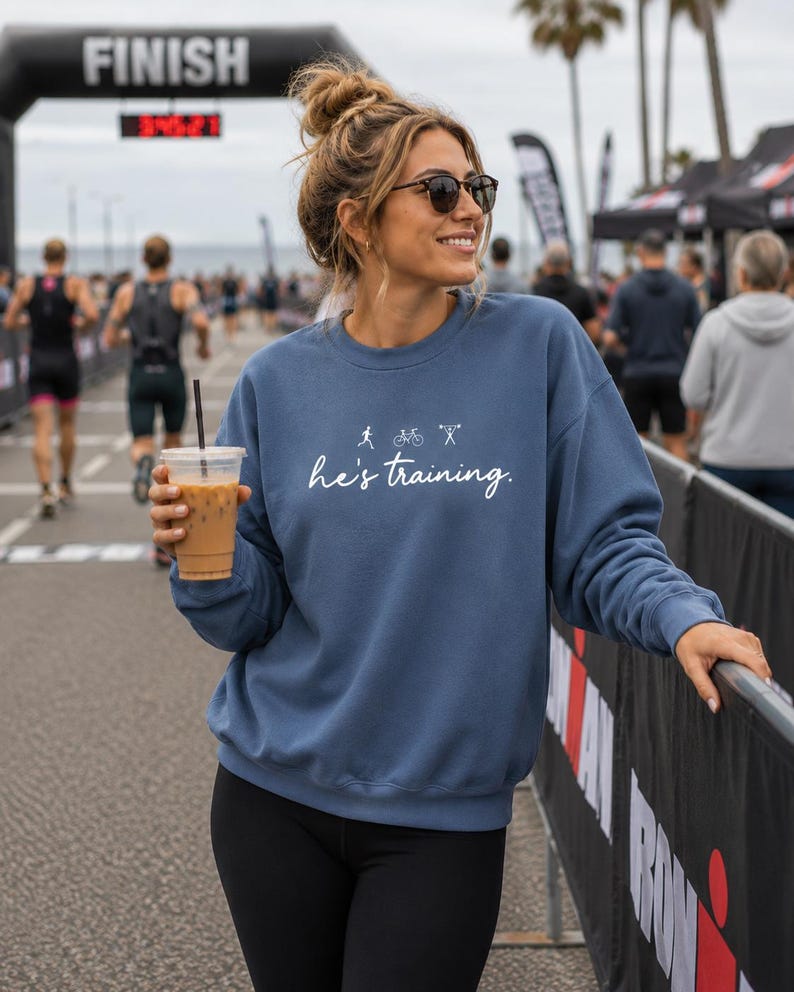 He's Training Sweatshirt, Marathon Wife Sweatshirt, Triathlon Wife Crewneck, Running Wife Gift, Ironman Wife Shirt, Race Day Sweatshirt image 2
