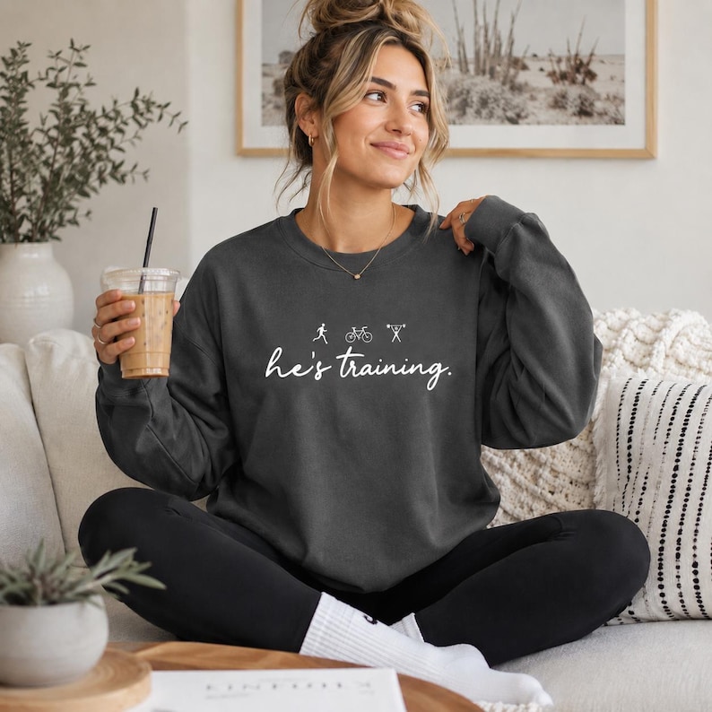 He's Training Sweatshirt, Marathon Wife Sweatshirt, Triathlon Wife Crewneck, Running Wife Gift, Ironman Wife Shirt, Race Day Sweatshirt image 1