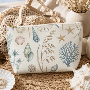 Salz und Sand Küstenkosmetiktasche | Muschel Make-up Tasche Strand | Maritimer Reisebeutel | Ocean Inspirierter Kulturbeutel | Küsten Geschenk für sie
