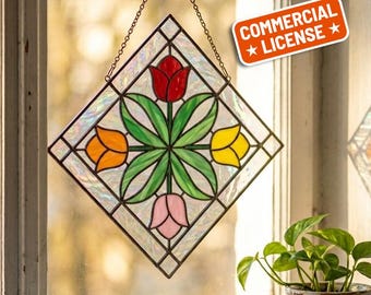 Patrón de vidriera de tulipanes, plantilla floral, PDF imprimible, JPG, PNG