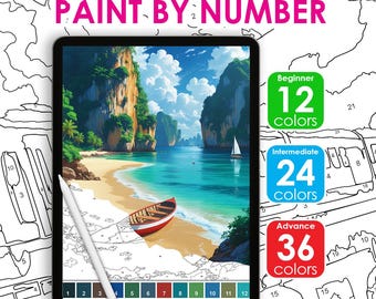 Beach Color by Number Printable | Nature Paint by Numbers Digital Download | Procreate Coloring Page
