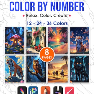May include: A "Color by Number" art kit with the text "Relax. Color. Create." The kit includes 8 pages with illustrations of a mushroom house, a coastal scene, a tiger, an owl, and a wolf. The kit offers 12-24-36 colors and is compatible with Procreate, ibis Paint, Sketchbook, GoPaint, and Infinite.