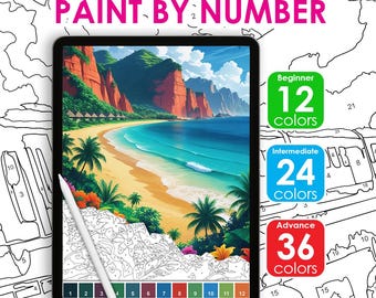Beach Color by Number Printable | Nature Paint by Numbers Digital Download | Procreate Coloring Page