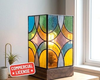 Art Deco Stained Glass Lamp Pattern, Geometric Rainbow Glass Template