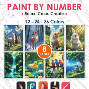 May include: A paint-by-number kit with the text "PAINT BY NUMBER" and "Relax. Color. Create." The kit includes 8 pages with illustrations of animals and landscapes. The kit offers 12-24-36 colors and features Procreate, ibis Paint, Sketchbook, GoPaint, and Infinite.