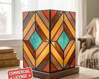 Geometric Stained Glass Table Lamp, Art Deco Chevron Tiffany Style Lamp, Handmade Amber Teal Mosaic Bedside Light