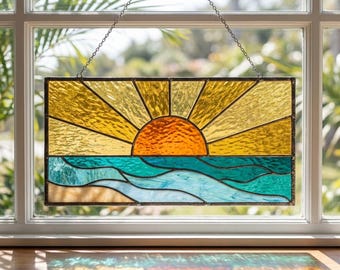 Sunset Ocean Stained Glass Pattern SVG Bundle, Coastal Suncatcher Window Hanging Template