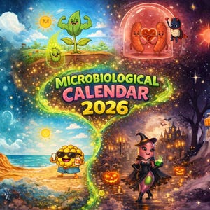 Puede incluir: Ilustración colorida para un calendario de 2026. La imagen está dividida en dos, con personajes de dibujos animados y el texto "MICROBIOLOGICAL CALENDAR 2026". Un lado muestra una escena de playa, el otro un tema de Halloween espeluznante.