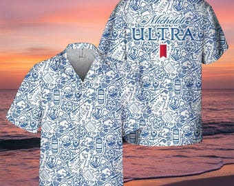 Camisa hawaiana de verano para hombre Michelob Ultra Doodle Art, atuendo playero, camiseta para beber, atuendo para barbacoa