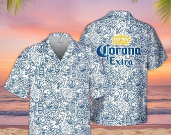 Camisa hawaiana Corona Extra Summer Doodle Art, atuendo para hombre para vacaciones en la playa, camiseta divertida para fiestas de cerveza