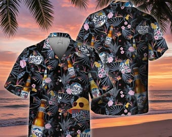 Camisa hawaiana vintage con estampado floral de Busch Light, camisa retro de cerveza, camisa de vacaciones para hombre, camisa de verano con botones, atuendo para fiesta en la playa.