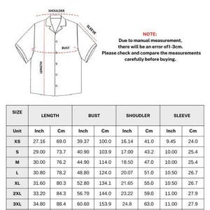 Puede incluir: Diagrama de una camisa de manga corta con medidas en pulgadas y cent&iacute;metros. El diagrama muestra las dimensiones de largo, busto, hombro y manga para las tallas XS a 3XL. Una nota indica un posible error de medici&oacute;n de 1-3 cm.
