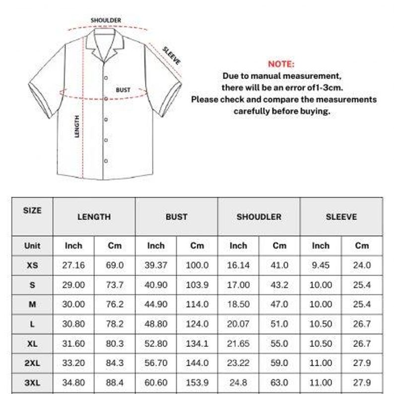 Puede incluir: Diagrama de una camisa de manga corta con medidas en pulgadas y cent&iacute;metros. El diagrama muestra las dimensiones de largo, busto, hombro y manga para las tallas XS a 3XL. Una nota indica un posible error de medici&oacute;n de 1-3 cm.