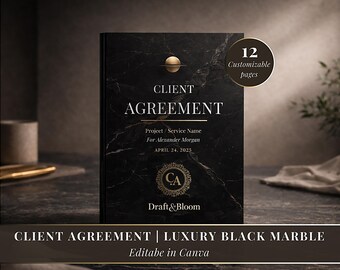 Client Agreement | Luxury Black Marble Canva Template