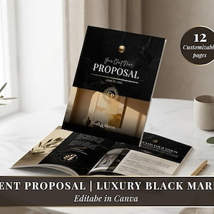 May include: A black marble proposal template with gold accents. The cover reads "Your Client Name PROPOSAL" and "Draft & Bloom." The text "12 Customizable pages" is in a circle. The bottom banner reads "CLIENT PROPOSAL | LUXURY BLACK MARBLE Editable in Canva."