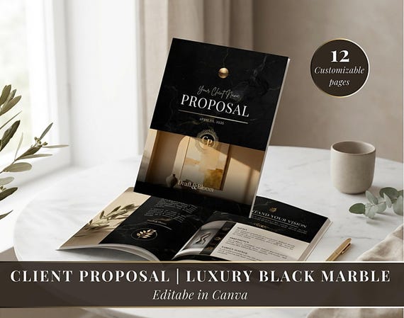 Client Proposal | Luxury Black Marble Canva Template