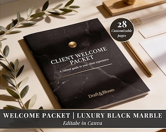Client Welcome Packet | Luxury Black Marble Canva Template
