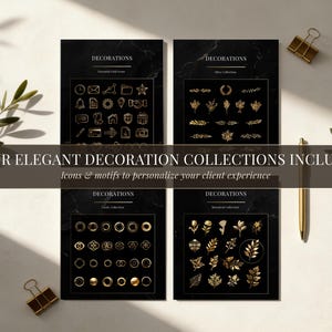 Op de afbeelding: Vier elegante decoratiecollecties worden getoond, elk op een zwarte achtergrond met gouden accenten. De collecties omvatten essenti&euml;le gouden iconen, olijf-, cirkel- en botanische collecties. De tekst luidt: "FOUR ELEGANT DECORATION COLLECTIONS INCLUDED".