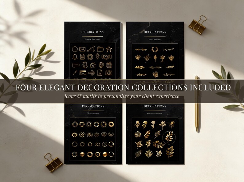 Op de afbeelding: Vier elegante decoratiecollecties worden getoond, elk op een zwarte achtergrond met gouden accenten. De collecties omvatten essenti&euml;le gouden iconen, olijf-, cirkel- en botanische collecties. De tekst luidt: "FOUR ELEGANT DECORATION COLLECTIONS INCLUDED".