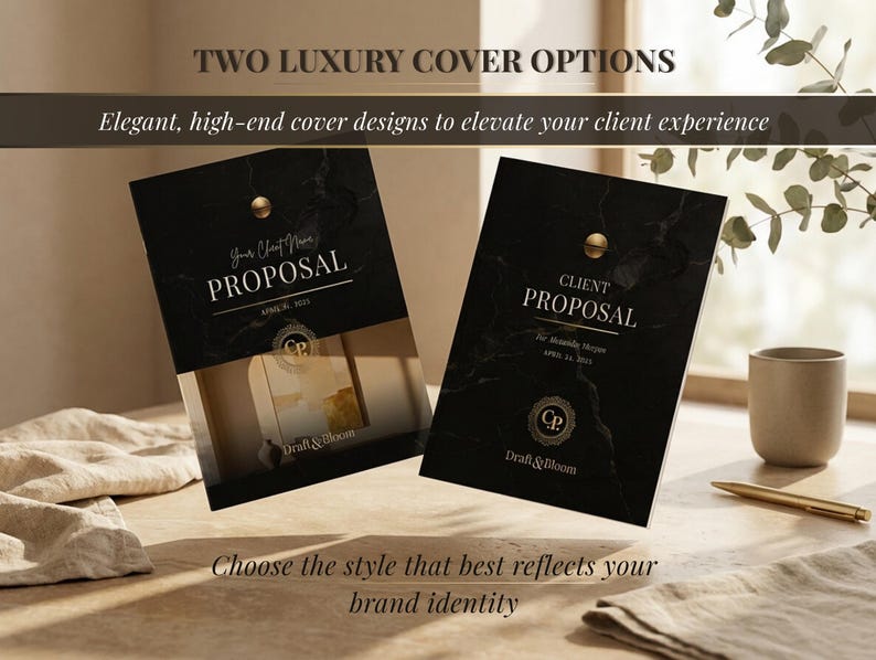 Op de afbeelding: Twee zwarte voorstelcovers met gouden accenten en marmerachtige texturen. De covers bevatten de tekst "PROPOSAL" en "CLIENT PROPOSAL". De afbeelding bevat ook een pen, een mok en de tekst "TWO LUXURY COVER OPTIONS".