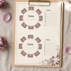 May include: A beige wedding seating chart template with two circular table layouts, each with eight numbered seats. The text "Table" is centered above a blank line for names. Floral accents and the text "INSTANT DOWNLOAD - EDITABLE CANVA TEMPLATE" are visible.