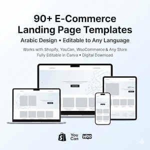 Puede incluir: Imagen promocional de plantillas de páginas de destino de comercio electrónico. Muestra un portátil, un ordenador de sobremesa, una tableta y un smartphone, cada uno con un diseño de sitio web. El texto incluye "90+ E-Commerce Landing Page Templates" y "Arabic Design".