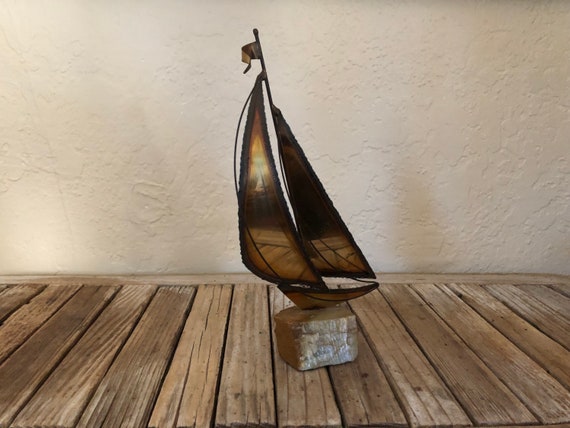 Mid Century Signed Osley(?) Brass and Marble Base Sailboat Sculpture