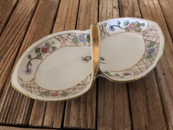 Vintage Handpainted Nippon Pink Blue and Gold Floral Decorative Tray Dish