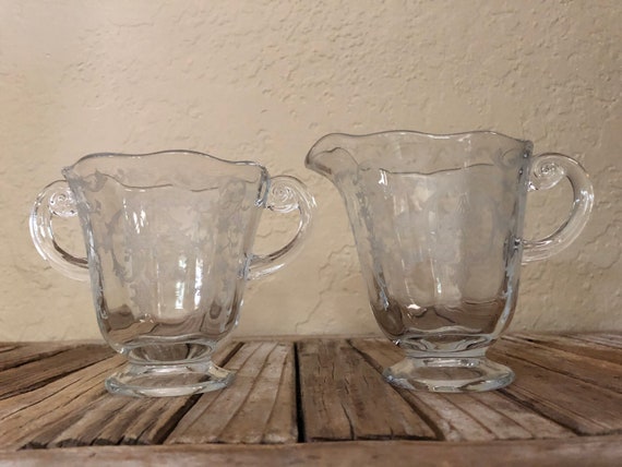 Pair of Vintage Modern Etched Glass Creamer and Sugar Dish Modern Hollywood