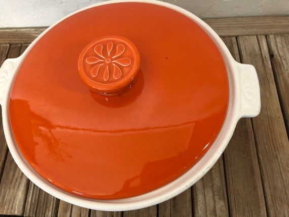 Mid Century Orange and White Casserole Dish California Pottery USA S 50
