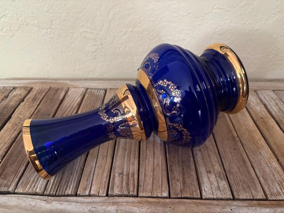 Vintage Vibrant Blue and Gold Beaded Venetian Style Vase