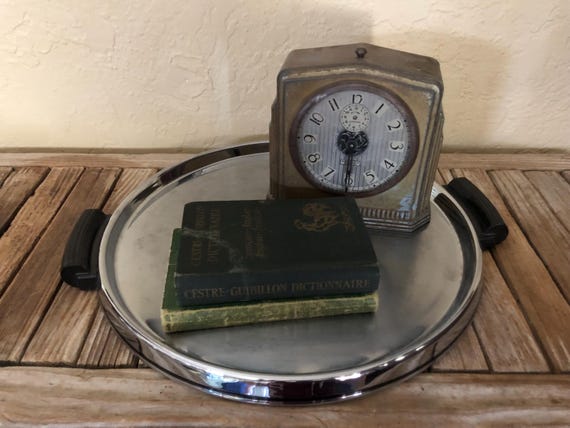 Vintage Silver Serving Tray with Black Handles