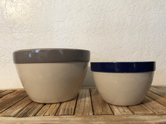 Vintage Pair of Farmhouse Bowls Beige and Blue and Gray Dough Bowl