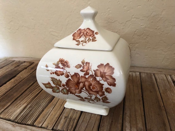 Vintage Brown and White Floral Ceramic Canister