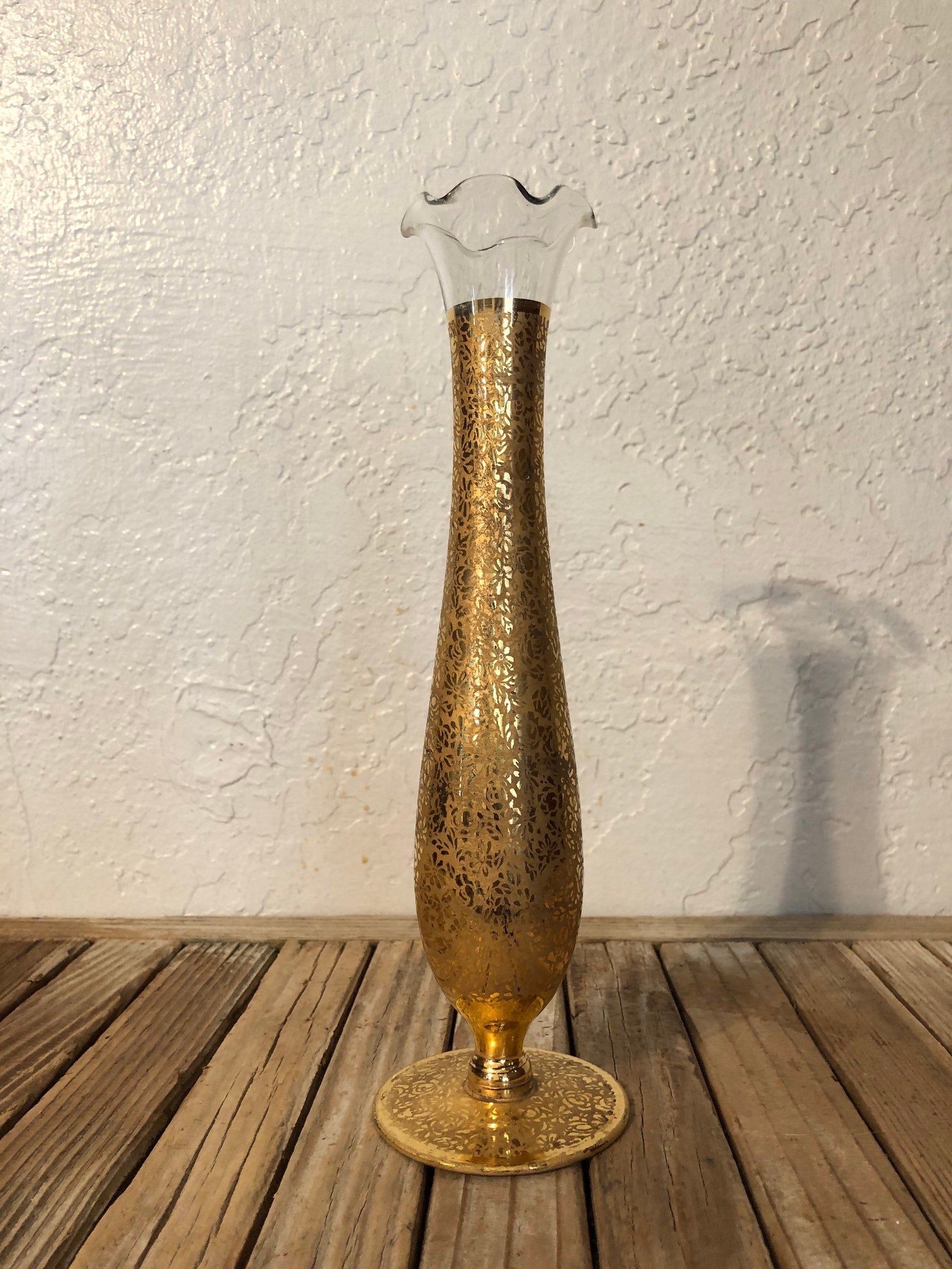 Vintage Gold Floral Painted Glass Vase Etsy