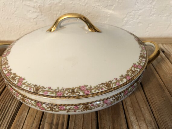 Antique Pink and Gold Ceramic Tureen Made in Japan Lidded Soup Serving Casserole