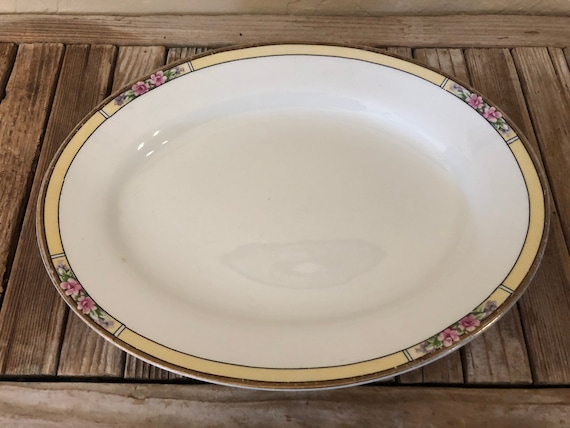Antique Alfred Meakin Art Deco Yellow Gold and Pink Floral Oval Shape Platter