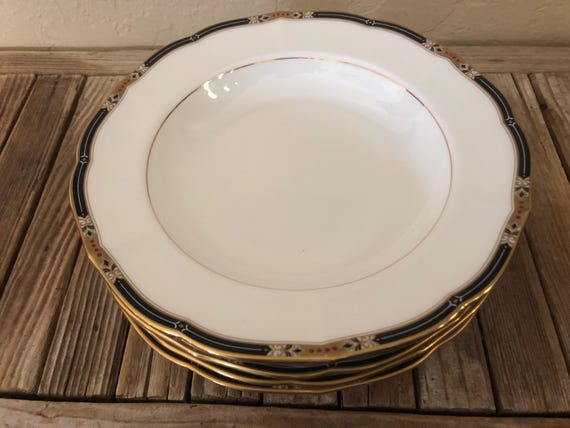 Vintage Set of 5 White Black and Gold Mikasa Bone China Jeweltone Black Cap10 Bowls