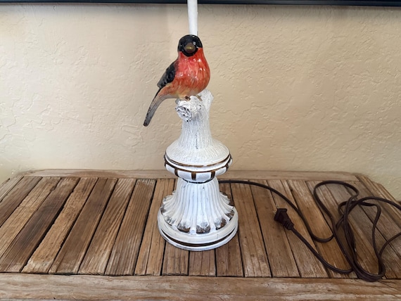 Vintage White Metal Lamp Bade With Ceramic Bird Lamp