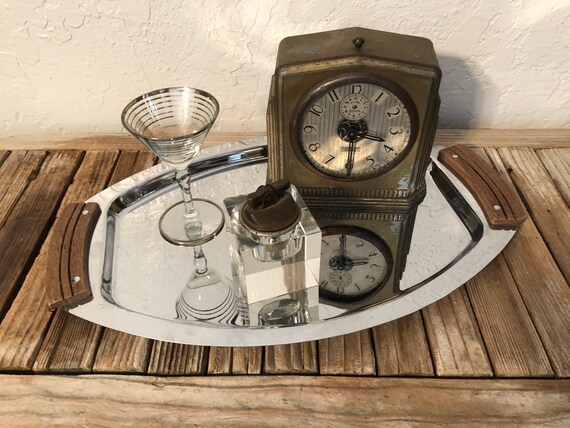 Mid Century Wood Silver Kromex  Tray Made In U.S.A.