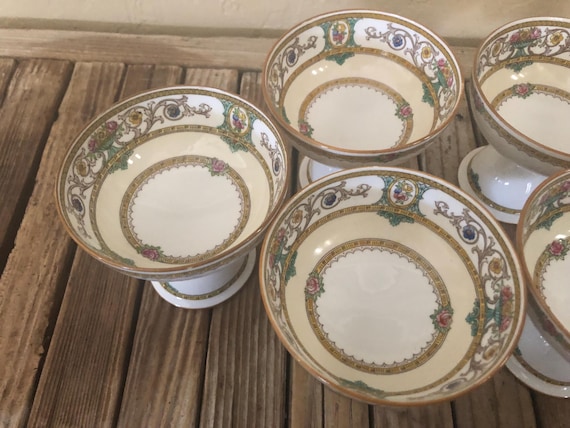 Antique Set of 6 Milton Grasmere Bone China Gold Green and Pink Floral Bowl Cups