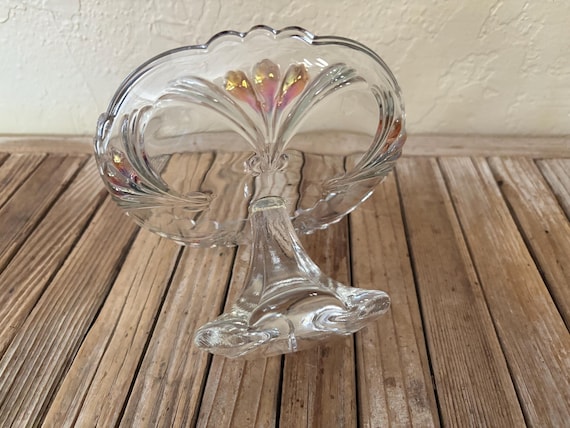 Vintage Art Nouveau Clear Pink and Green Glass Dish Scalloped Floral Dish