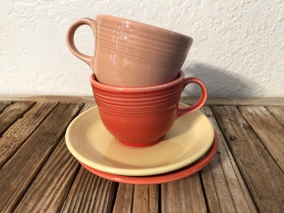 Set of Pink Yellow Orange Vintage Yellow Fiesta Ringware Cups and Saucers
