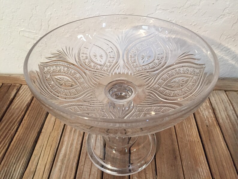 Vintage Extra Large Glass Compote Dish Etched Glass Peacock Etsy