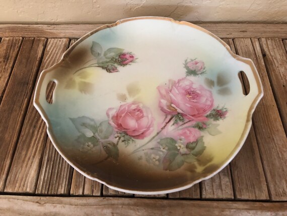 Antique Leuchtenburg Germany Shabby Pink Roses Pink Green Gold Plate