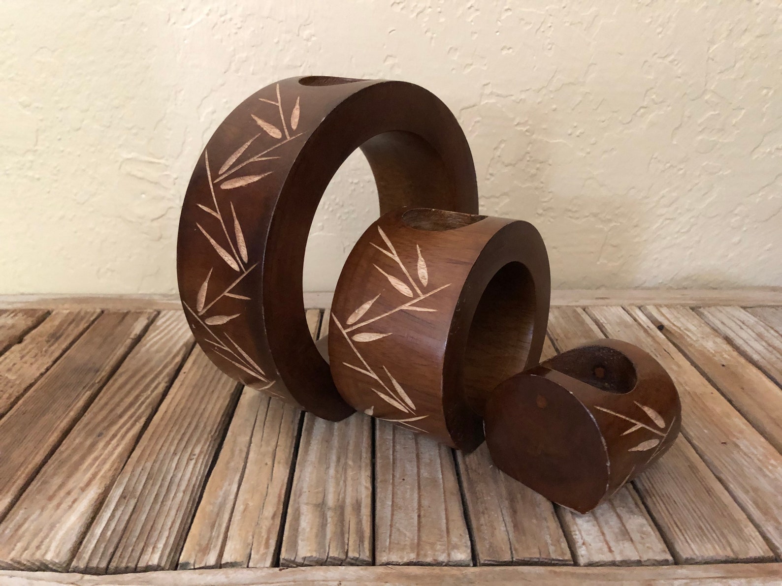 Vintage Round Nesting Mango Wood Bamboo Leaf Candle Holders Etsy