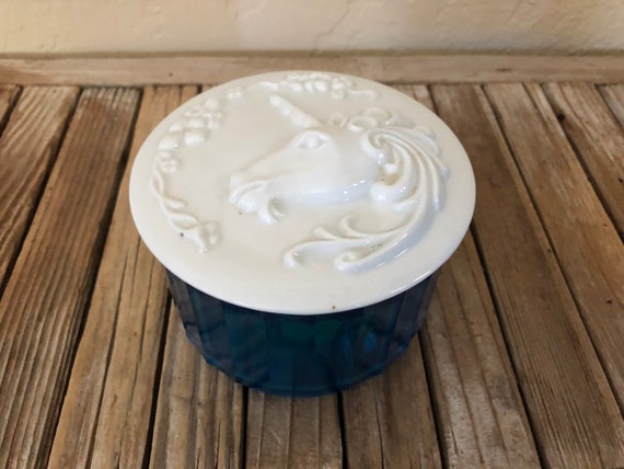 Vintage Bright Blue Glass White Opaque Glass Unicorn Corday Toujours Moi Perfumed Bath Powder Container